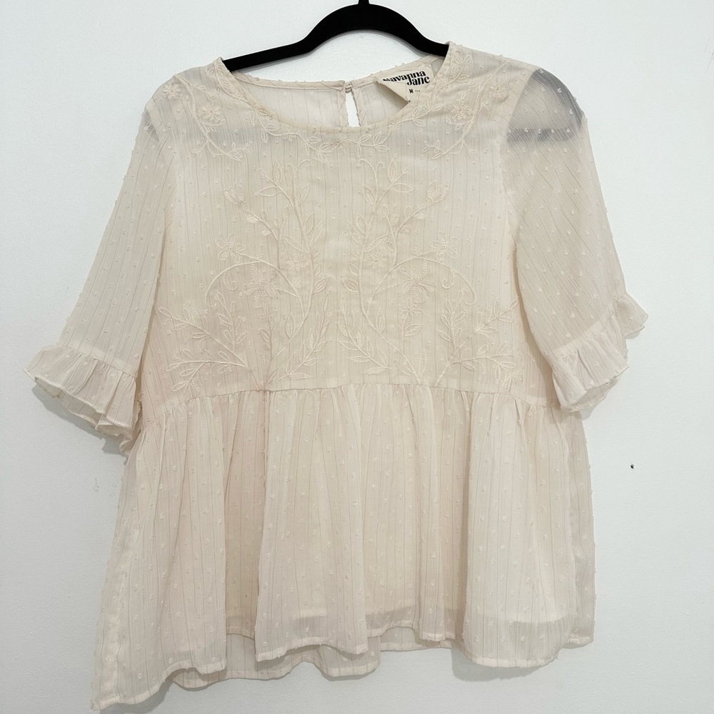 Savanna Jane sheer white short sleeve blouse with embroidery size medium
